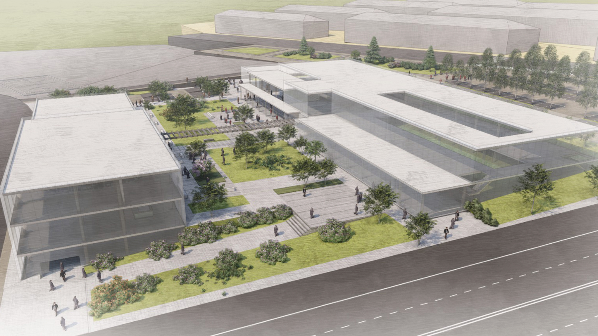 Infografía de la nueva facultad en Huerta Otea (Clínica/Hospital + edificio Emprendimiento)