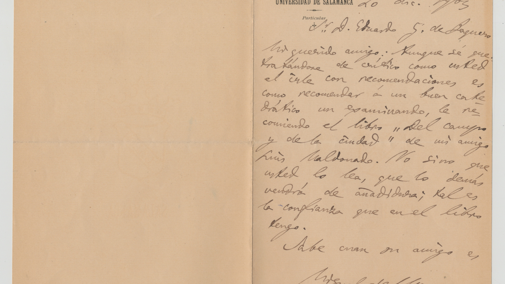 Carta de Miguel Unamuno al periodista Eduardo Gómez de Baquero datada en 1903