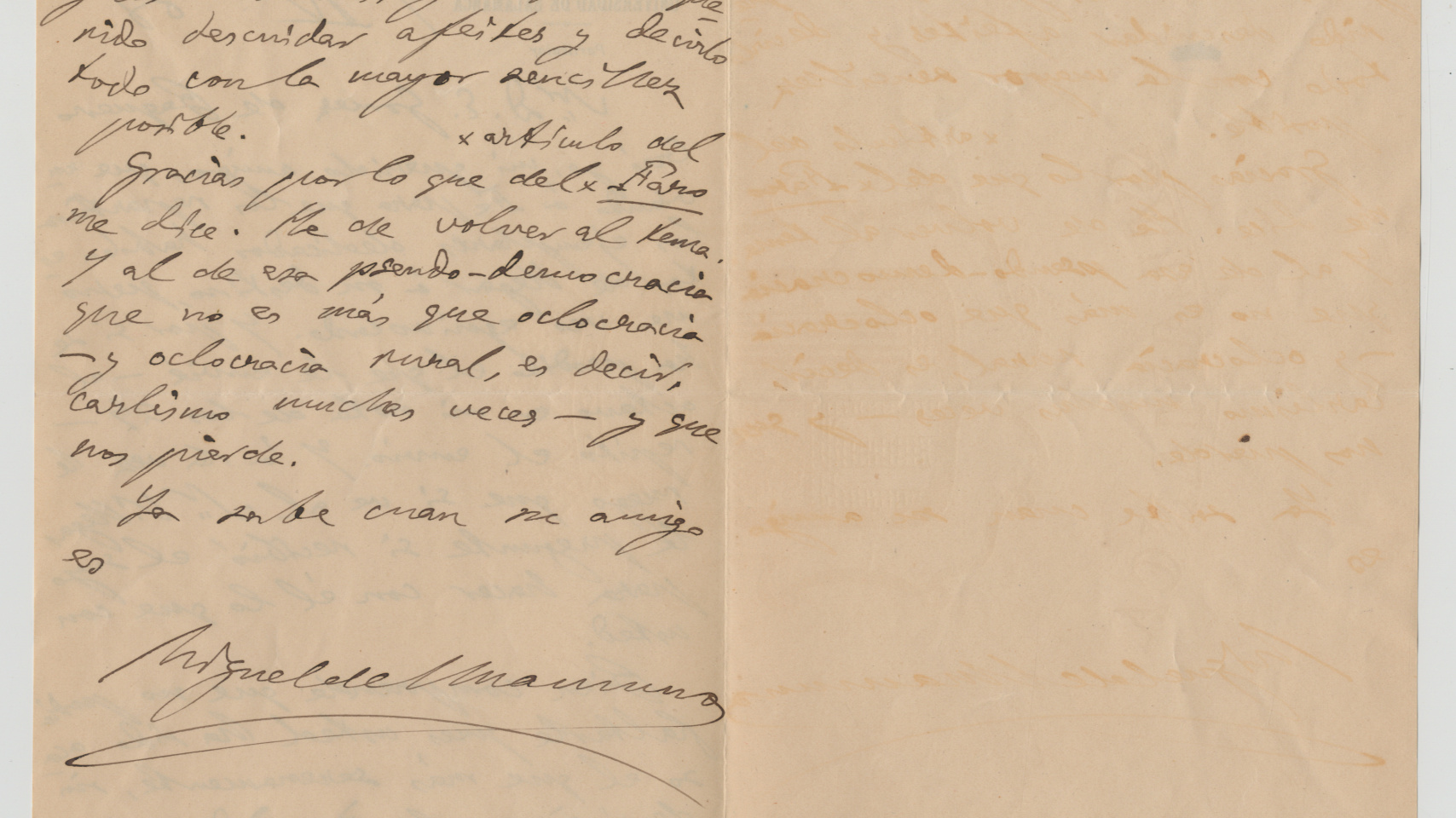 Carta de Miguel Unamuno al periodista Eduardo Gómez de Baquero datada en 1908