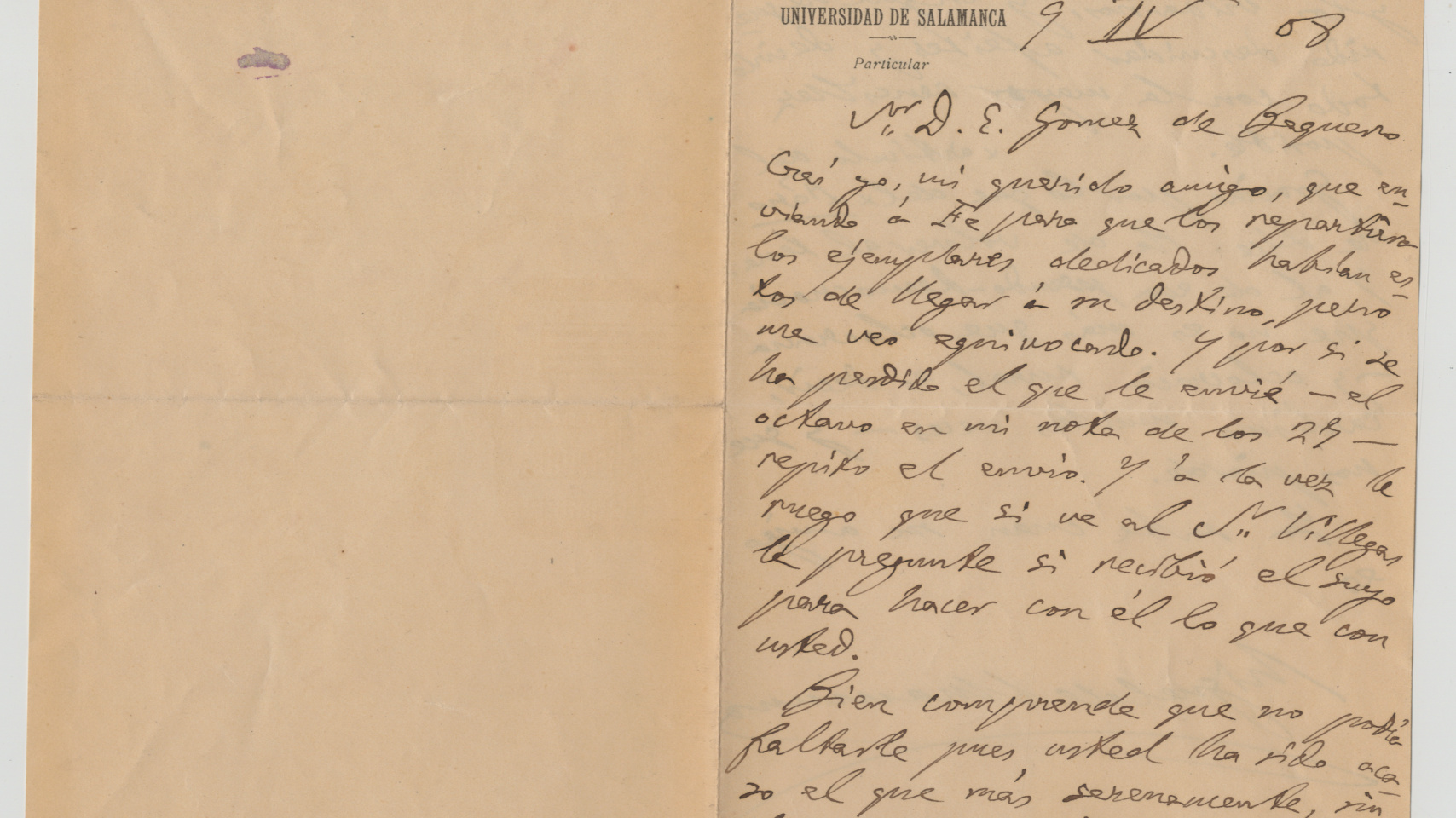Carta de Miguel Unamuno al periodista Eduardo Gómez de Baquero datada en 1908