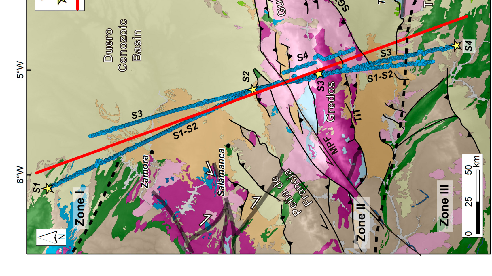 Mapa geológico simplificado del Sistema Central, cuencas del Duero y Madrid con la proyección de datos de sísmica de reflexión y refracción.