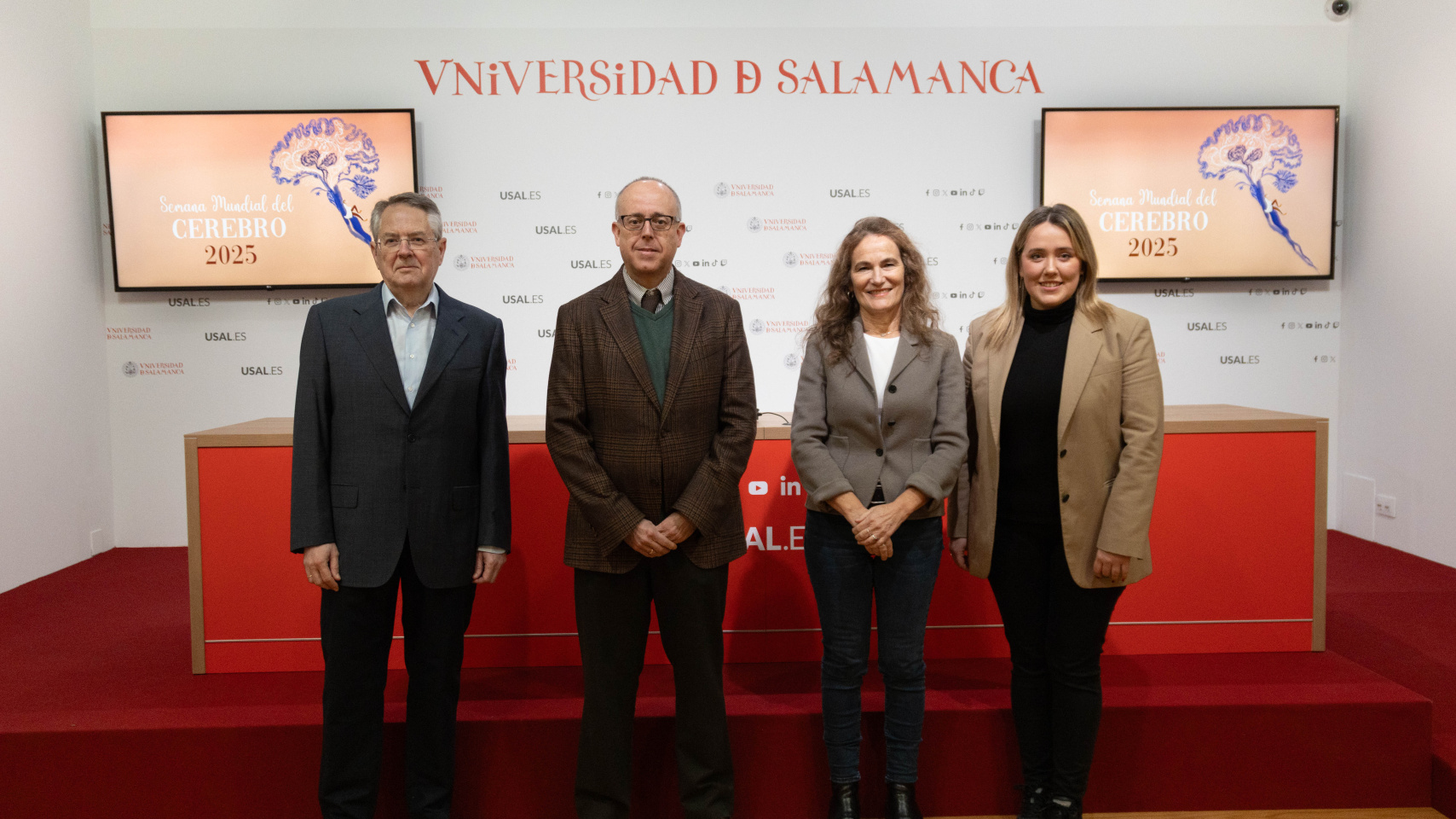 Presentación del programa 'Semana del Cerebro'. De izq. a dcha.: Rafael Coveñas, José Miguel Mateos Roco, Arantxa Tabernero y Paloma G. Blázquez.