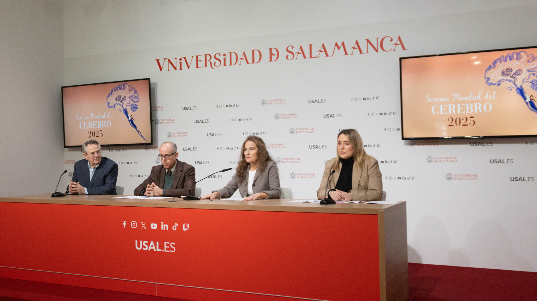Presentación del programa 'Semana del Cerebro'. De izq. a dcha.: Rafael Coveñas, José Miguel Mateos Roco, Arantxa Tabernero y Paloma G. Blázquez.