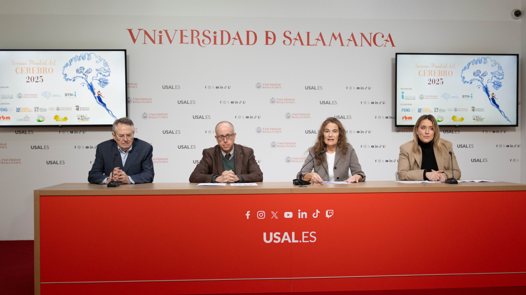 Presentación del programa 'Semana del Cerebro'. De izq. a dcha.: Rafael Coveñas, José Miguel Mateos Roco, Arantxa Tabernero y Paloma G. Blázquez.