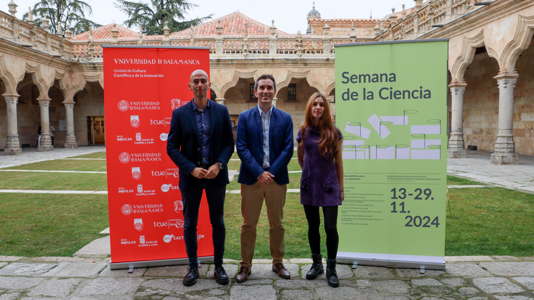 Raúl Rivas, Federico Bueno y Marian Tadáguila presentan la Semana de la Ciencia en la Sala de Prensa de la USAL.