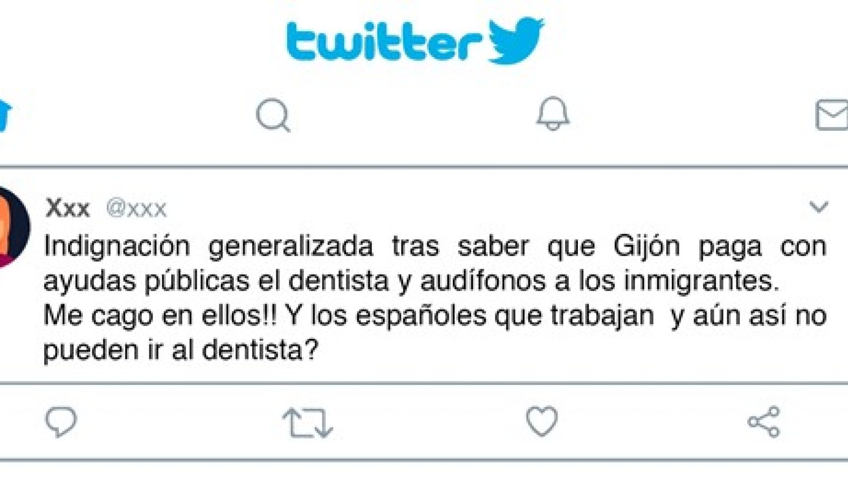 Imagen de uno de los estímulos experimentales usados en el estudio, con un mensaje fabricado en X (anteriormente X) que contiene un mensaje de odio xenófobo basado en una noticia falsa.