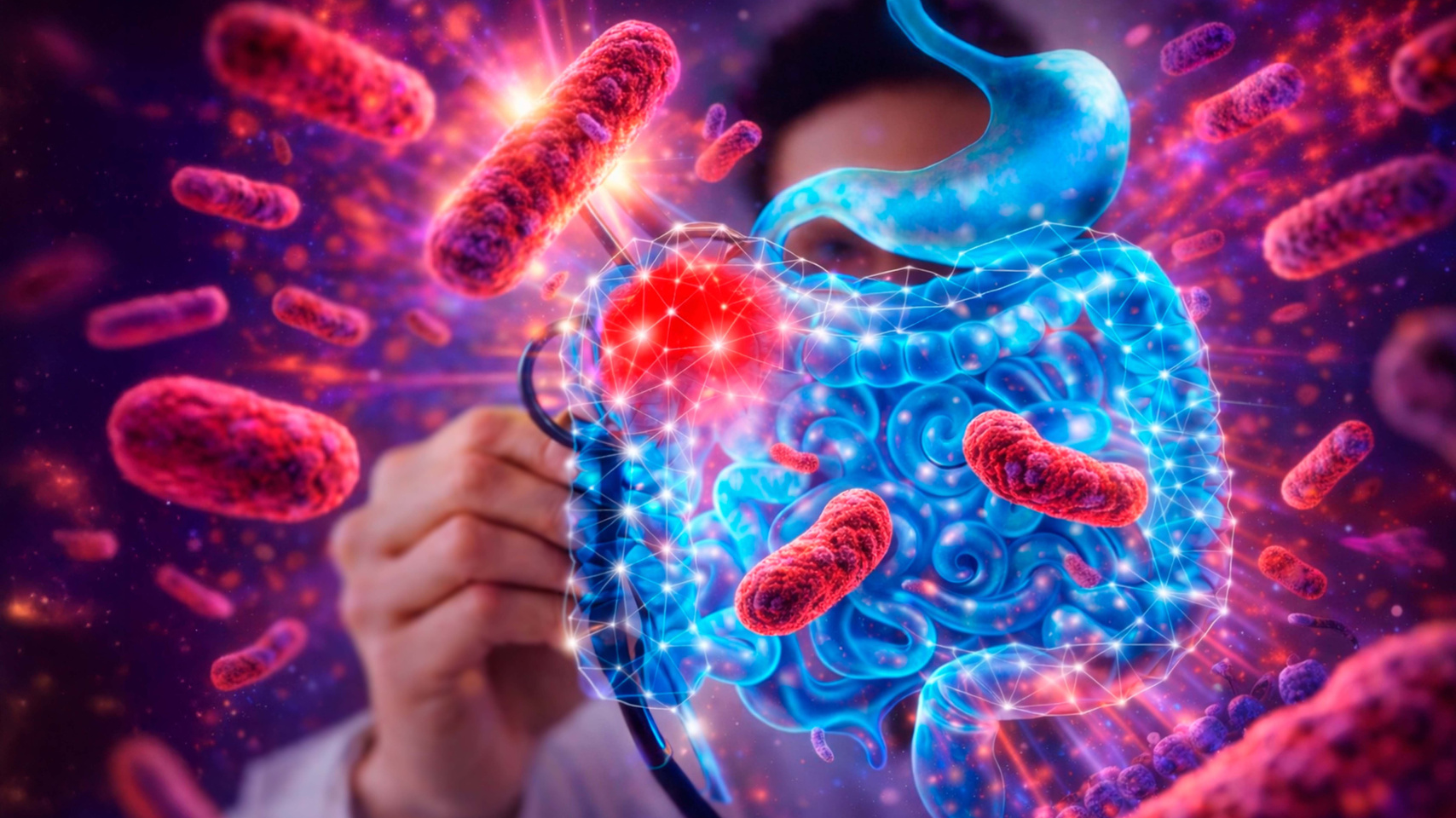 Ilustración de una persona examinando con una lupa un modelo brillante del sistema digestivo rodeado de bacterias, representando el estudio de la microbiota intestinal.