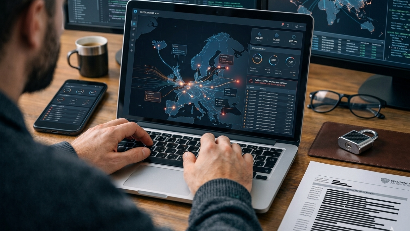 Informático realizando vigilancia digital en un ordenador