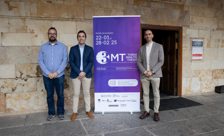 Presentación del certamen "Three minute Thesis" a los medios de comunicación por parte del subdirector de la Escuela de Doctorado, Mario Amado; el vicerrector de Transferencia, Innovación y Emprendimiento, Federico Bueno de Mata; y el director del Servicio de Producción e Innovación Digital, Raúl Rivas.