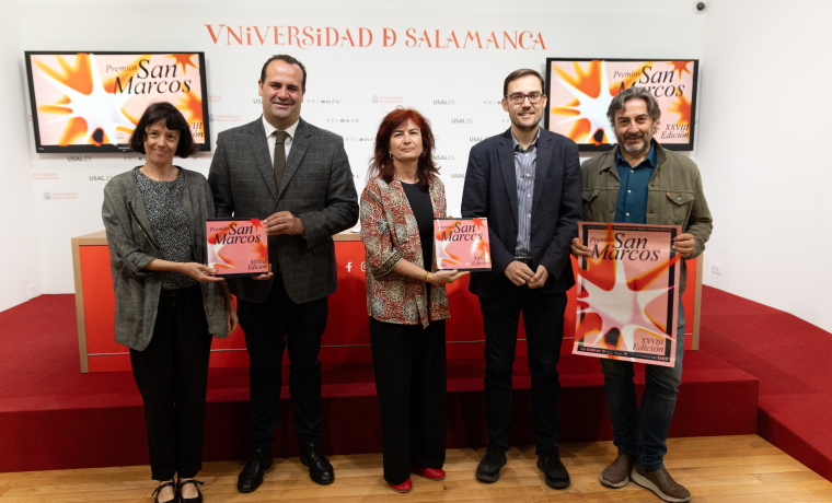 Presentación de la XXVIII edición de los premios San Marcos. De izq. a dcha.: Laura Gómez, David Mingo, Marta Gutiérrez, Ángel Fernández y Javier Panera. 