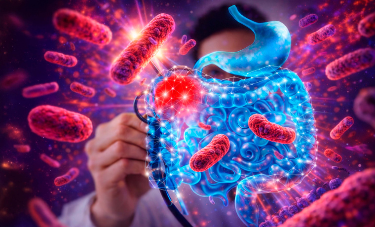 Ilustración de una persona examinando con una lupa un modelo brillante del sistema digestivo rodeado de bacterias, representando el estudio de la microbiota intestinal.