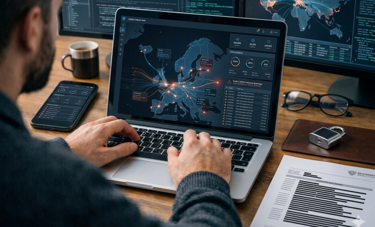 Informático realizando vigilancia digital en un ordenador
